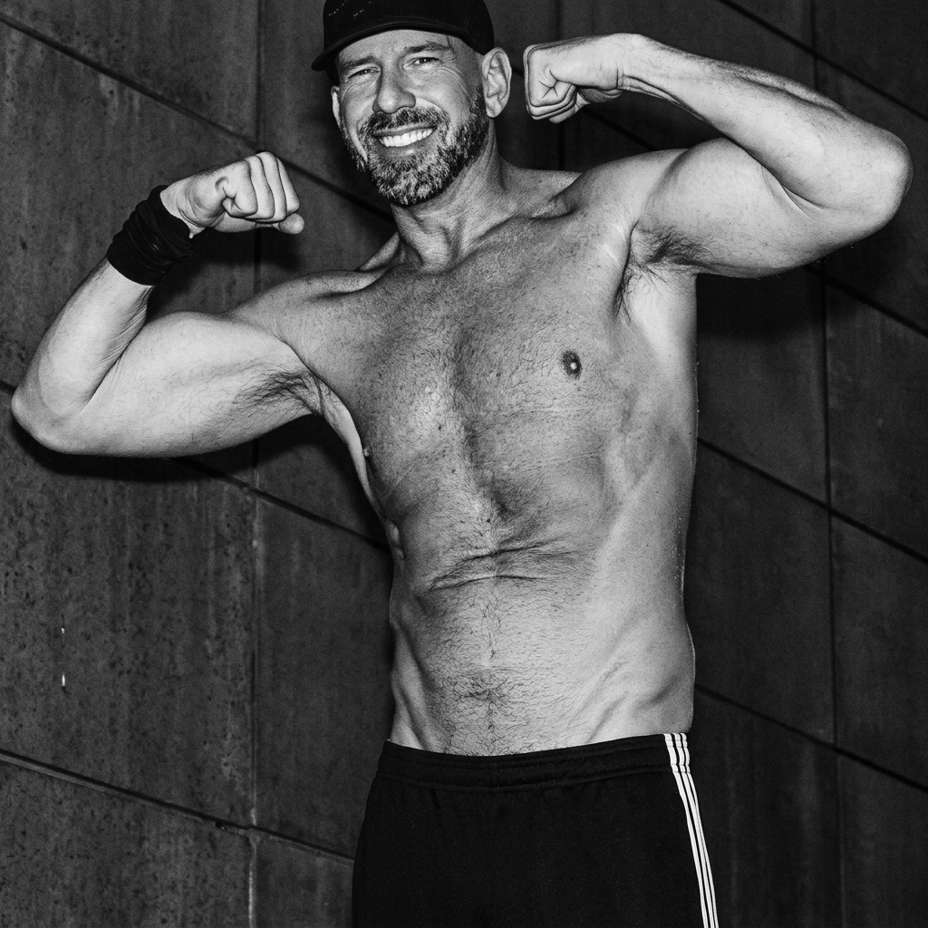 The Stretch Daddy founder smiling and flexing both arms in an archival training portrait